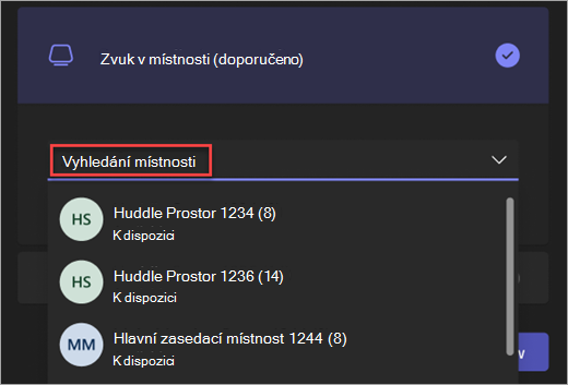 Snímek obrazovky panelu hledání pro volbu Zvuk místnosti na obrazovce před připojením schůzky Teams.