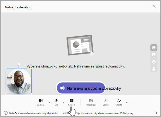 Snímek obrazovky s možností spustit nahrávání obrazovky v Microsoft Teams.