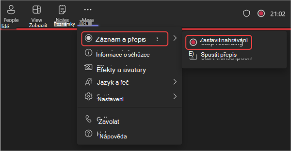 Snímek obrazovky znázorňující, jak zastavit nahrávání během webináře