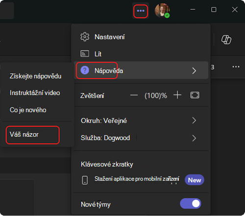 Jak se dostat do nabídky nápovědy v Teams.