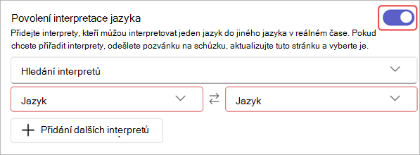 Snímek obrazovky znázorňující nastavení tlumočení jazyka v možnostech schůzky.