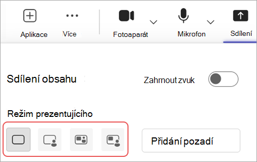 Snímek obrazovky zvýrazňující různé režimy prezentujícího v ovládacích prvcích schůzky Microsoft Teams.