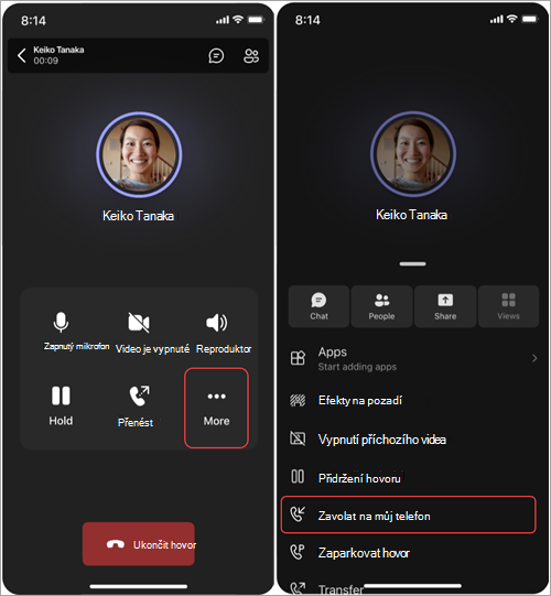 Snímek obrazovky znázorňující kroky pro přesunutí hovoru z telefonu Teams z mobilního zařízení na mobilní telefon
