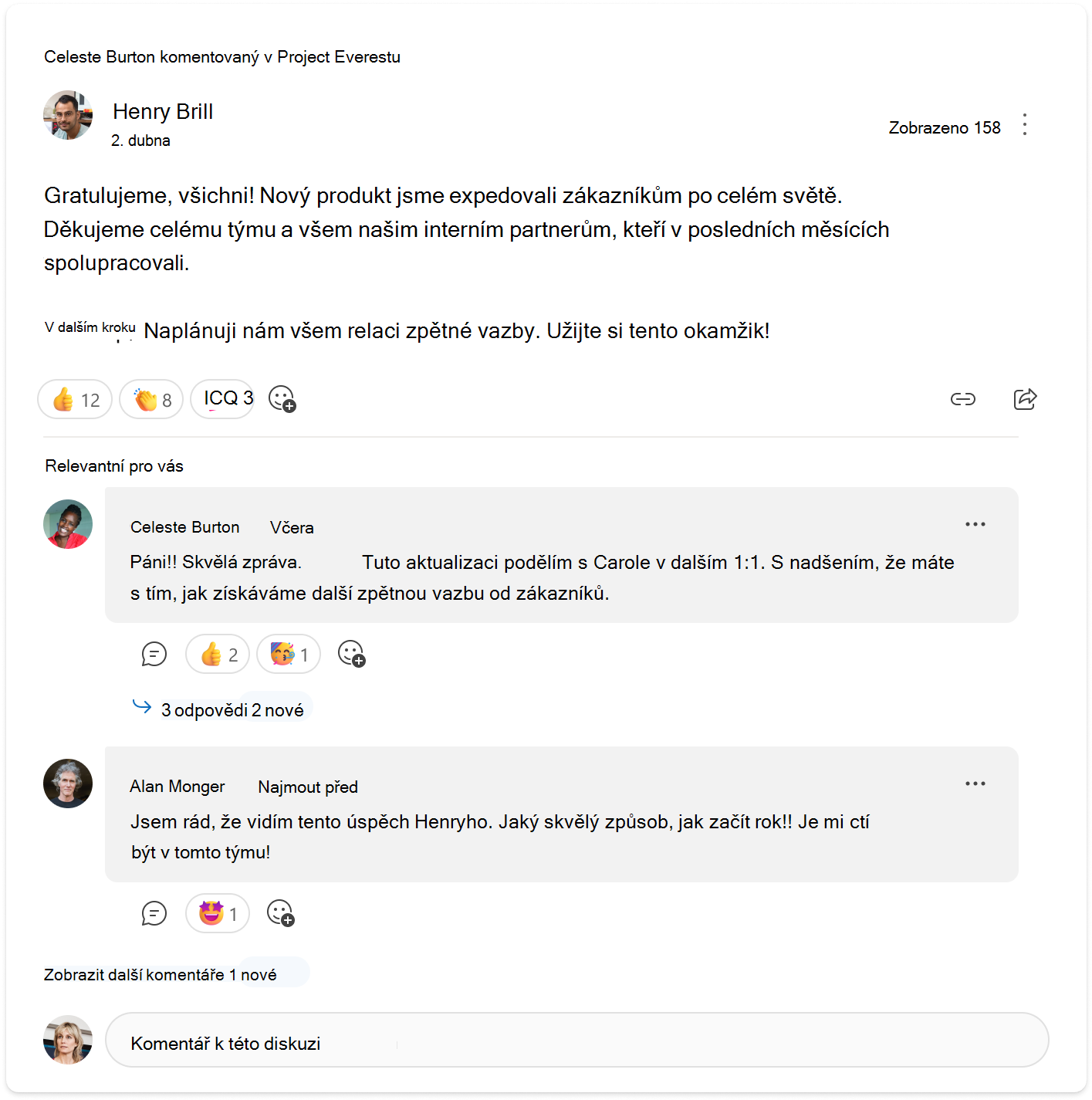 Konverzace zobrazující zobrazení Relevantní pro vás dvou komentářů na kartě konverzace Engage.