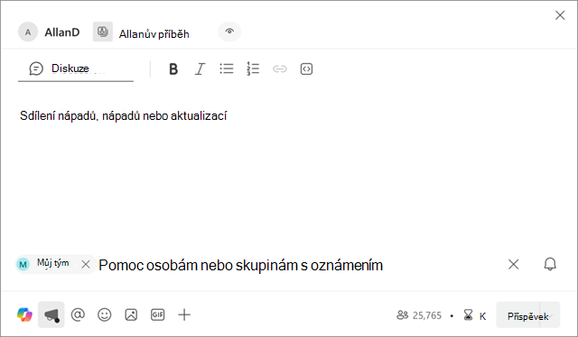 Snímek obrazovky znázorňující, kde se v oznámení o novém prostoru nápadů prezentuje Moje týmy