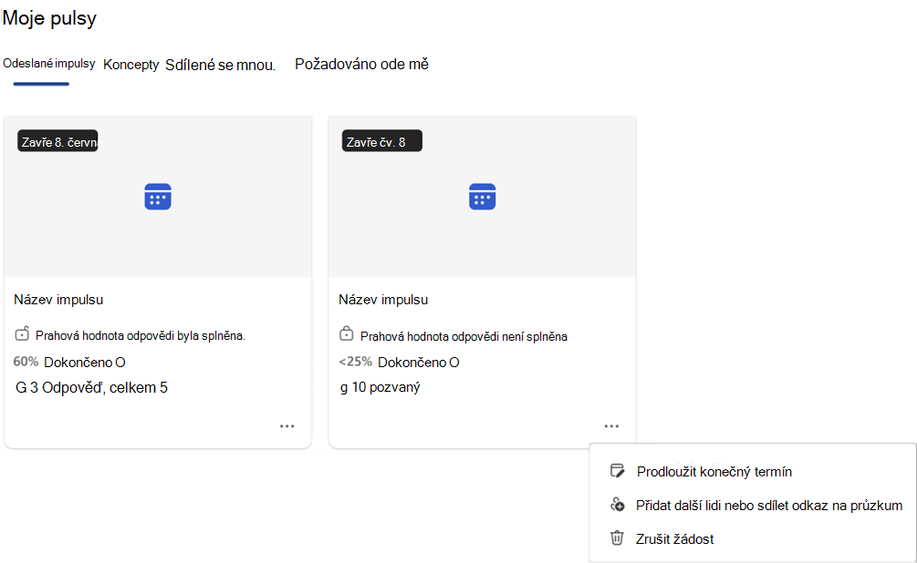 snímek obrazovky s rozevíracím seznamem s akcemi, které můžete provést s otevřeným pulsem