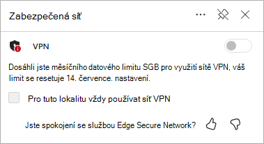 Snímek obrazovky s aktualizací limitu zabezpečených síťových dat v Edgi