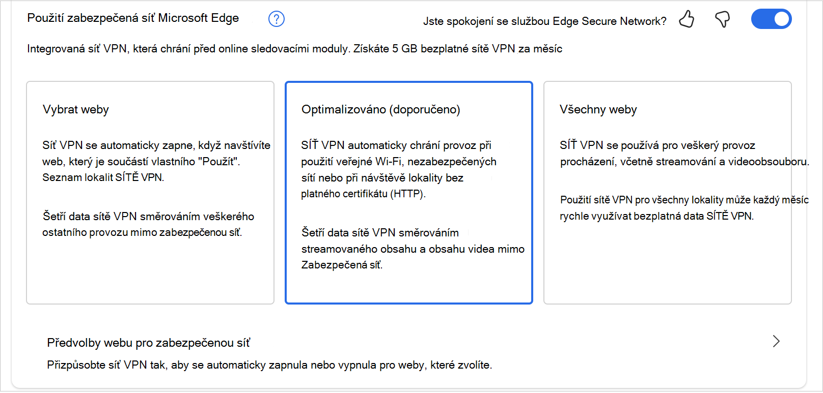 Snímek obrazovky s možnostmi v MicrosoftEdgeSecureNetwrok