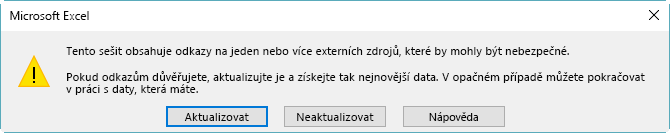 Dialogové okno s přerušenými odkazy v Excelu