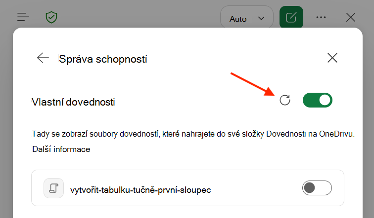 Snímek obrazovky dialogu vlastních dovedností Copilota v Excelu se zvýrazněným tlačítkem Aktualizovat.