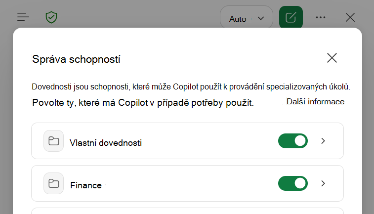 Snímek obrazovky s dialogovým oknem pro správu dovedností Copilotu v Excelu.