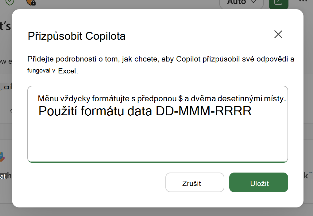 Snímek obrazovky dialogového okna přizpůsobení Copilot v Excelu včetně příkladů v textové oblasti.