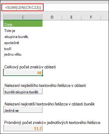 Spočítejte celkový počet znaků v rozsahu a ostatních maticích pro práci s textovými strunami