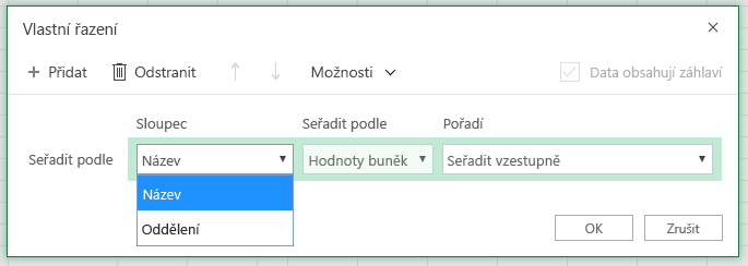 Dialog Vlastní řazení s řazením podle řádku sloupec je vybraný u sloupce Name