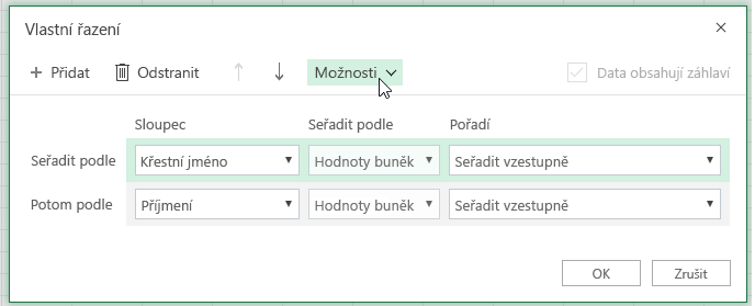 Dialog Vlastní řazení s vybraným tlačítkem možnosti