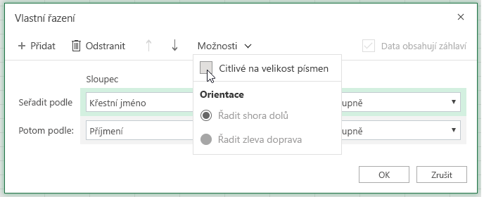 Vybrané dialogové okno Vlastní řazení s rozlišováním malých a velkých písmen