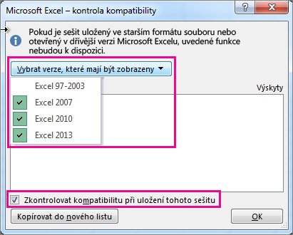 Verze kontrolované při kontrole kompatibility