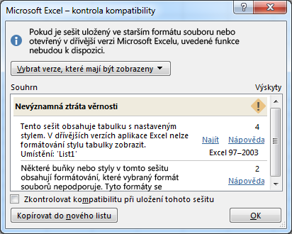 Problémy menší ztráty přesnosti zjištěné při kontrole kompatibility