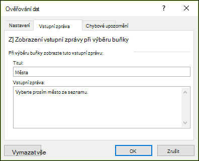 Ověření dat – možnost Zpráva při zadávání