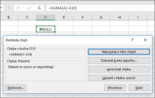 Přesuňte okno Kontrola chyb pod řádek vzorců.