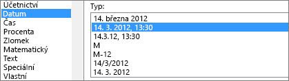 Dialogové okno Formát buněk, příkaz Datum, typ 14. 3. 2012 1:30 odp.