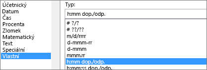 Dialogové okno Formát buněk, vlastní příkaz, typ h:mm am/pm