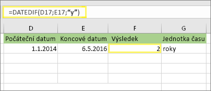 =DATEDIF(D17;E17;y) a výsledek: 2