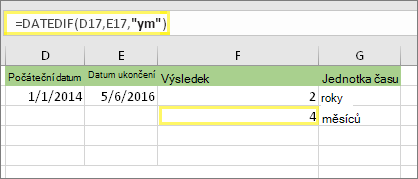=DATEDIF(D17;E17;m) a výsledek: 4