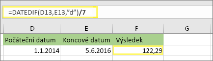 =(DATEDIF(D13;E13;d)/7) a výsledek: 122,29