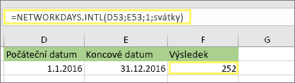 =NETWORKDAYS. INTL(D53;E53;1;MojeSvatky) a výsledek: 252