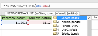 Seznam IntelliSense zobrazující 2 – neděle, pondělí; 3 – pondělí, úterý atd.