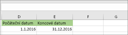 Počáteční datum v buňce D53 je 1. 1. 2016, koncové datum v buňce E53 je 31. 12. 2016