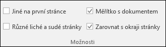 Možnosti pro Záhlaví a zápatí na kartě Návrh na pásu karet