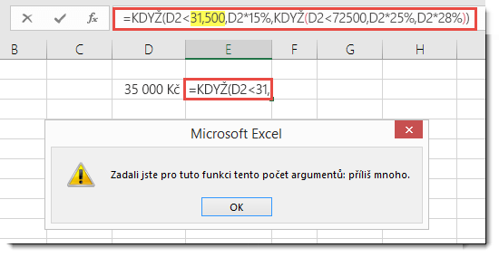 Zpráva aplikace Excel, když k hodnotě přidáte čárku.