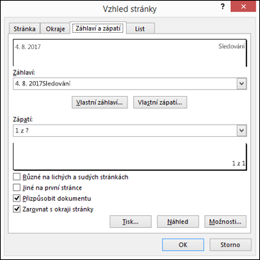 Vzhled > stránky Možnosti záhlaví a zápatí