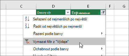 Nabídka filtru, Vymazat filtr z ...