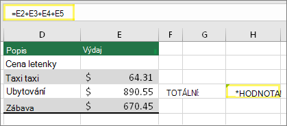 Buňka H4 se vzorcem =E2+E3+E4+E5 a výsledkem #VALUE!
