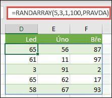 Funkce RANDARRAY s argumenty Min, Max & Celé číslo