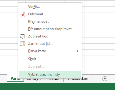 Místní nabídka s vybranou možností Vybrat všechny listy