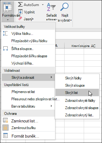 Skrytí nebo zobrazení skrytých listů z domovské stránky > Buňky > Viditelnost > formátu > Skrýt & zobrazit