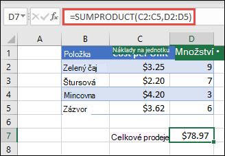 Příklad funkce SOUČIN.SKALÁRNÍ, která se používá k vrácení součtu prodaných položek, pokud je zadaná jednotková, cena a množství.