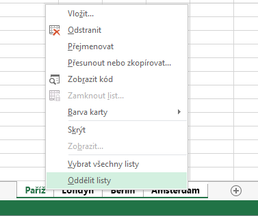 Místní nabídka s vybranou možností Oddělit listy