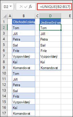 Použití funkce UNIQUE k seřazení seznamu jmen
