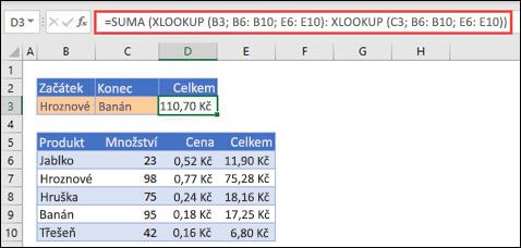 Použití funkce XLOOKUP s funkcí SUM k sečtení oblasti hodnot, které spadají mezi dva výběry