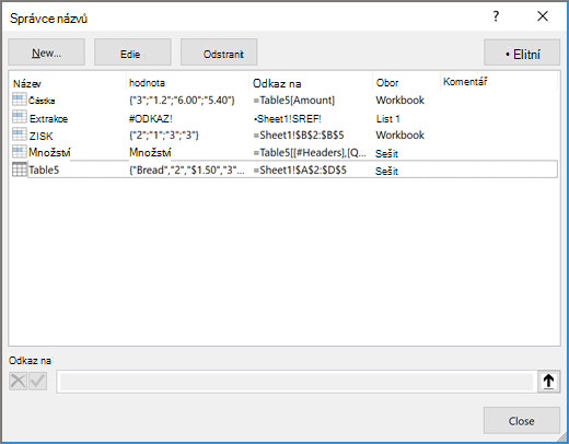 Dialogové okno Správce názvů