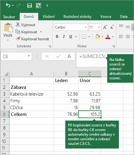 Při kopírování vzorce se odkazy na buňky automaticky aktualizují