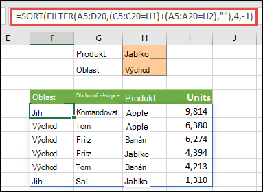 Použití funkce FILTER s funkcí SORT – filtrovat podle produktu (jablko) NEBO podle oblasti (východ)
