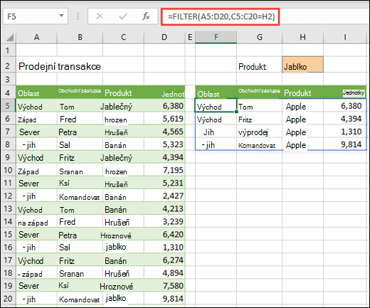 Funkce FILTER – filtrovat oblast podle produktu (jablko)