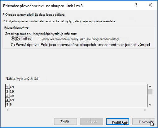 Obrázek dialogu Data > Text do sloupců