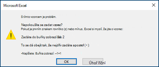 Obrázek excelového dialogového okna Problém s tímto vzorcem